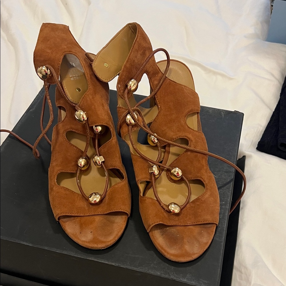 Rebecca Minkoff Cognac Suede Sandals with Gold Accents